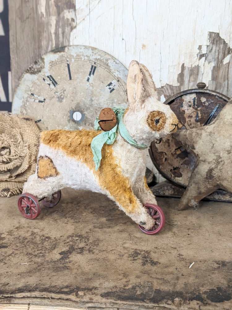 Image of NEW DESIGN 6" tall - Vintage style Running RABBIT  pull toy on 3 wheels by Whendis Bears.