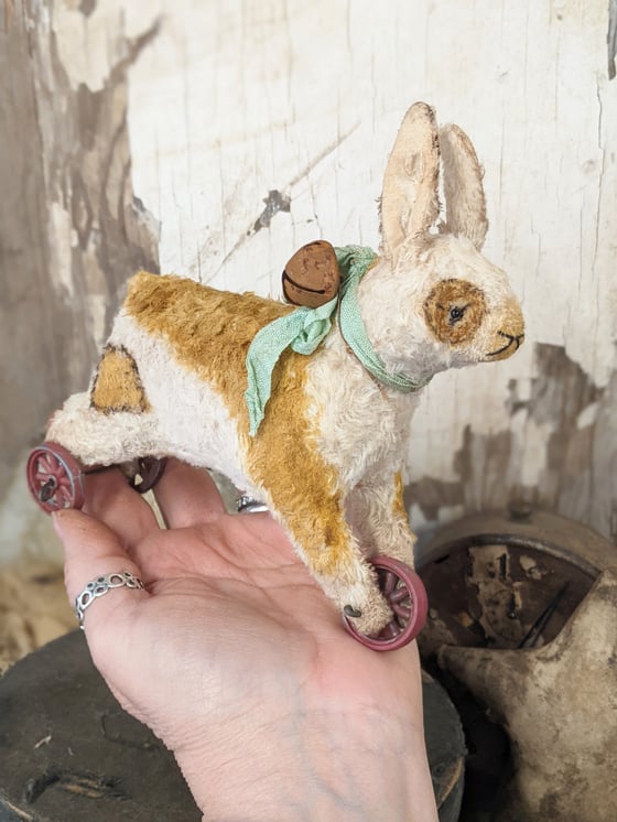 Image of NEW DESIGN 6" tall - Vintage style Running RABBIT  pull toy on 3 wheels by Whendis Bears.