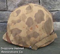 Image 4 of WWII M1 USMC Helmet Front Seam & Westinghouse Liner 4th Marine Division ATF Camo Cover.