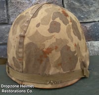 Image 7 of WWII M1 USMC Helmet Front Seam & Westinghouse Liner 4th Marine Division ATF Camo Cover.