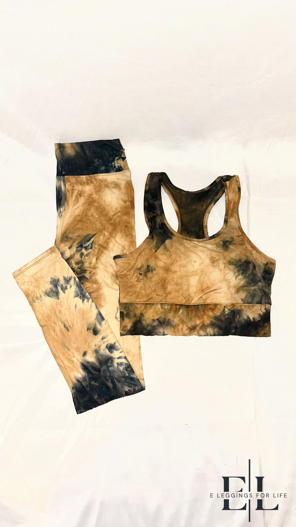Image of Tie Dye Two Piece High Waisted Leggings & Sports Bra Set Camel