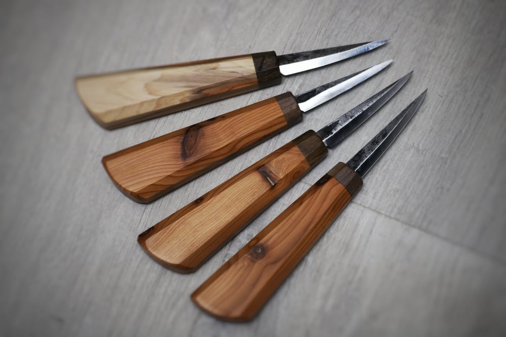 Image of 70mm slöjd handled in yew and fumed oak or walnut