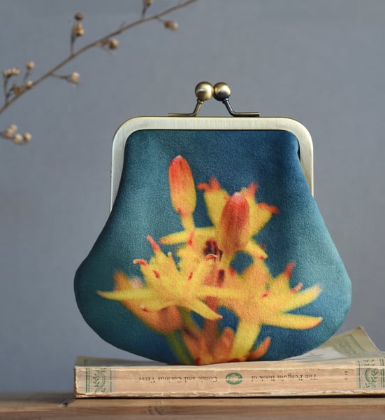 Image of Yellow asphodel, LARGE velvet kisslock purse with plant-dyed lining