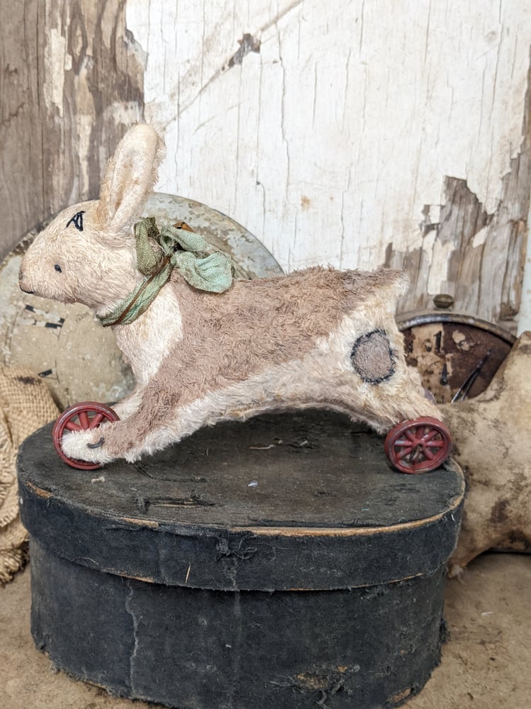Image of NEW DESIGN 6" tall - Vintage style Running RABBIT  pull toy on 3 wheels by Whendis Bears..