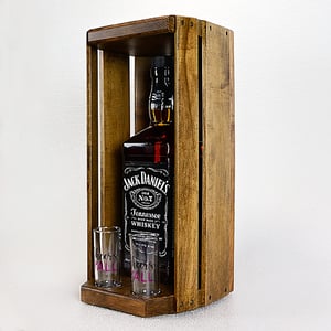 Image of Whiskey Shack, Wooden Whiskey Bourbon Caddy with two glass shot glasses, Wedding Gift, Barware Gift