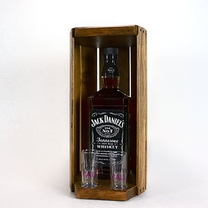 Image of Whiskey Shack, Wooden Whiskey Bourbon Caddy with two glass shot glasses, Wedding Gift, Barware Gift