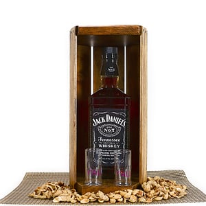 Image of Whiskey Shack, Wooden Whiskey Bourbon Caddy with two glass shot glasses, Wedding Gift, Barware Gift