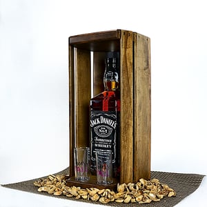 Image of Whiskey Shack, Wooden Whiskey Bourbon Caddy with two glass shot glasses, Wedding Gift, Barware Gift