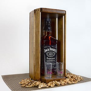 Image of Whiskey Shack, Wooden Whiskey Bourbon Caddy with two glass shot glasses, Wedding Gift, Barware Gift