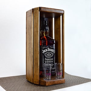 Image of Whiskey Shack, Wooden Whiskey Bourbon Caddy with two glass shot glasses, Wedding Gift, Barware Gift