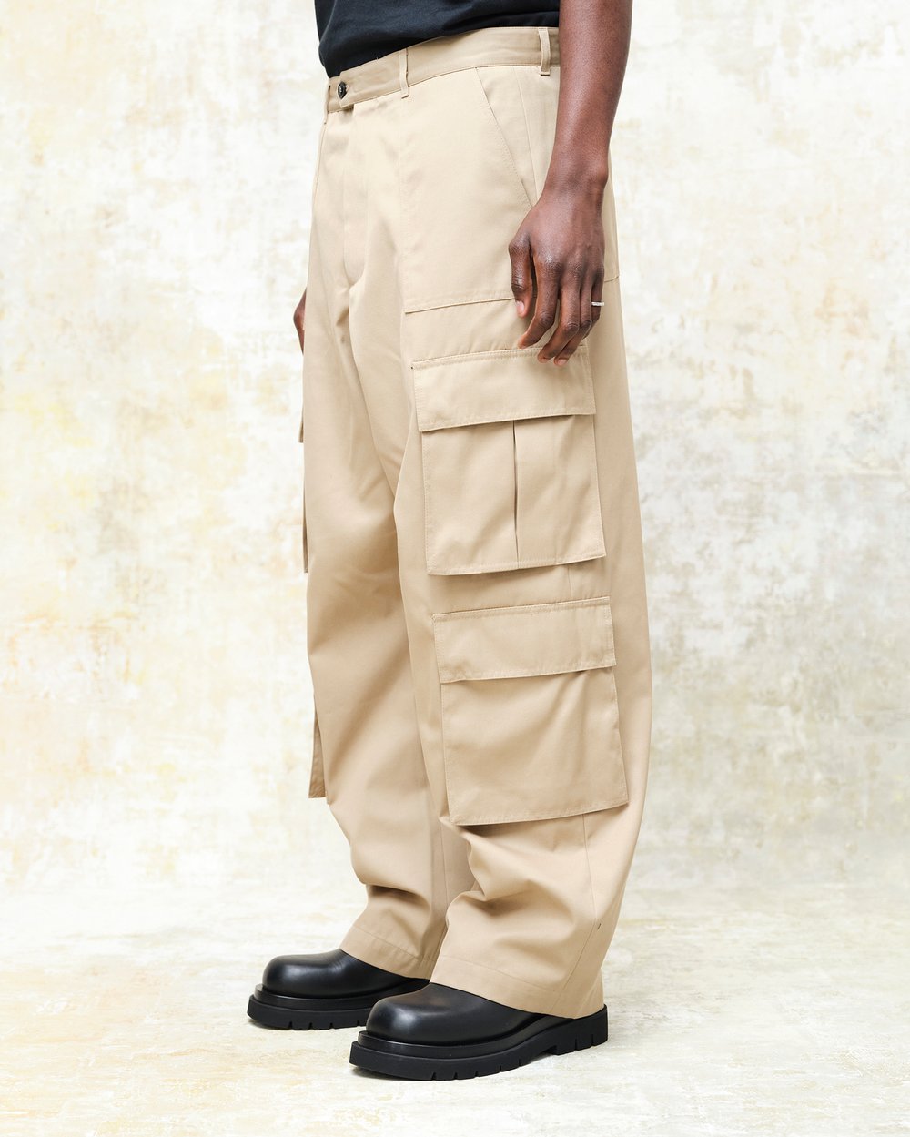 Image of Beige Cotton Gabardine Wide Leg Cargo Pants