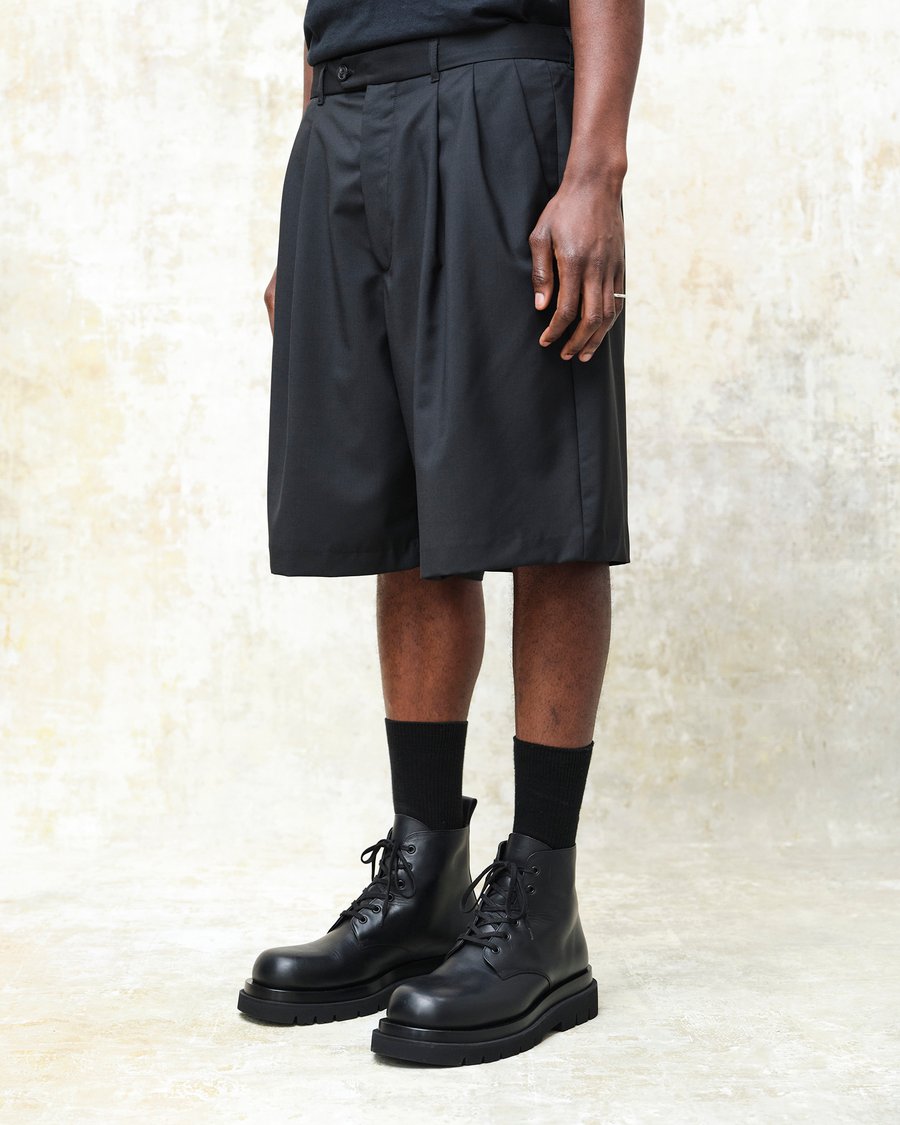 Image of Black Wool / Mohair Wide Pleated Shorts