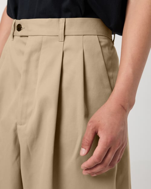 Image of Beige Cotton Gabardine Wide Pleated Shorts