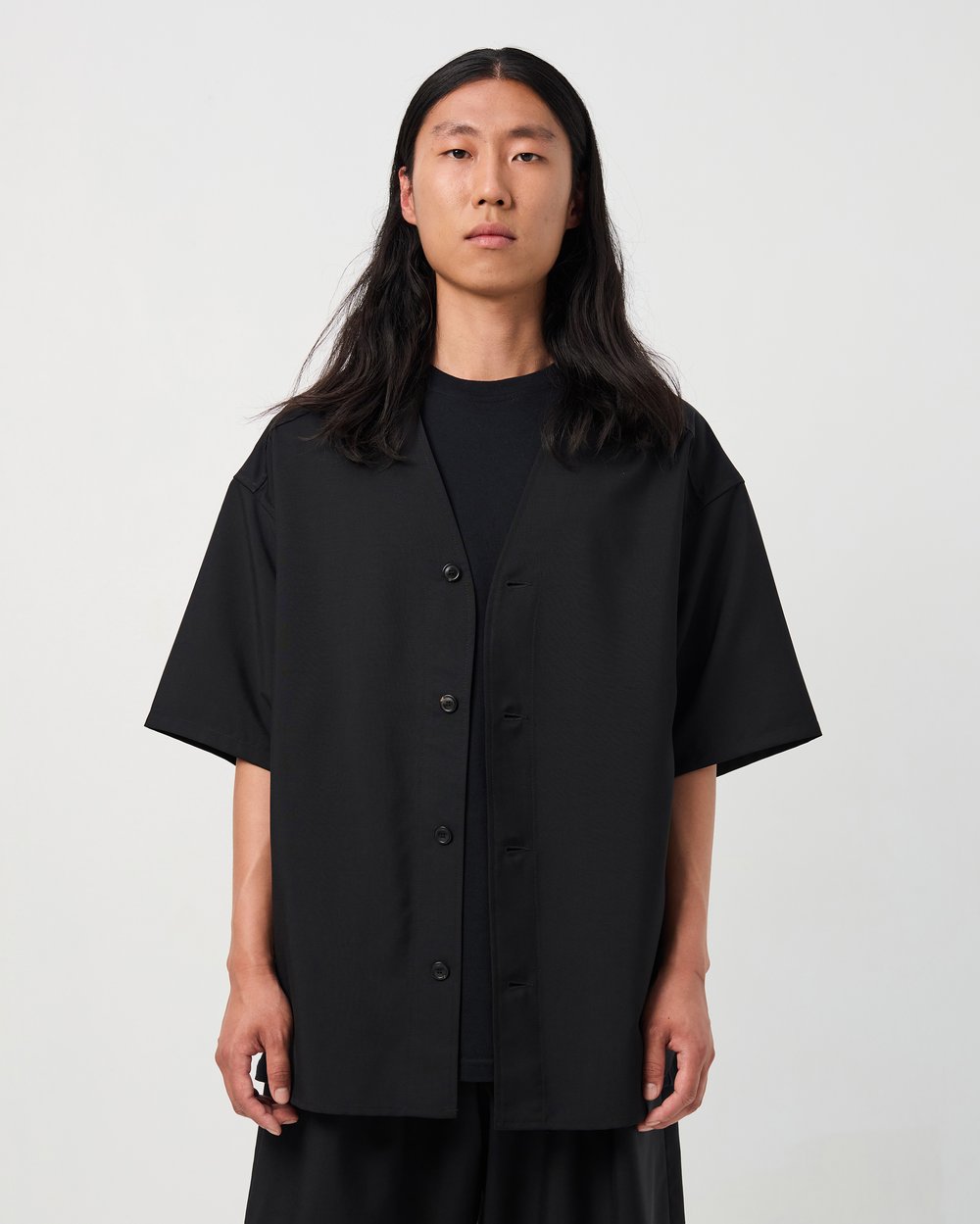 Image of Black Wool / Mohair Collarless Shirt