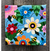CRAZY for SPRING series - Bees and Flowers 4" x 4" canvas painting