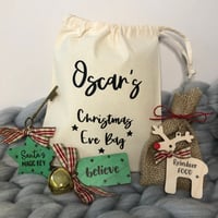 Image 1 of Personalised Wooden Christmas Eve Kit &amp; Bag - reindeer food - believe bell - santa's magic key