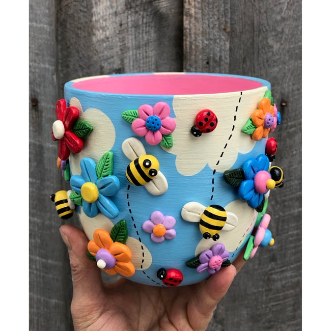 CRAZY for SPRING series - Bees, Flowers and Ladybugs Clay Sculpture Planter