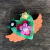 Orange Winged Green Striped Heart with Heart and Flowers Clay Wall Hanging