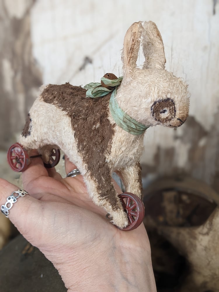 Image of 6" tall - Vintage style Running RABBIT  Pull Toy on 3 wheels by Whendi's Bears...