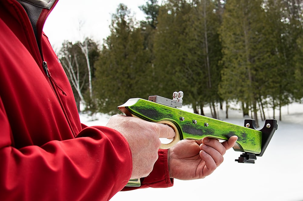 Image of Slingshot Pistol Rifle, Laser Sights, Spectraply Wood, Left or Right Handed Shooter, Wooden Catapult