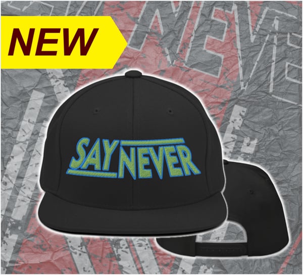 Image of "SAY NEVER FLAT BILL SNAPBACK CAP" - BLACK with LT. GREEN and TEAL  LOGO