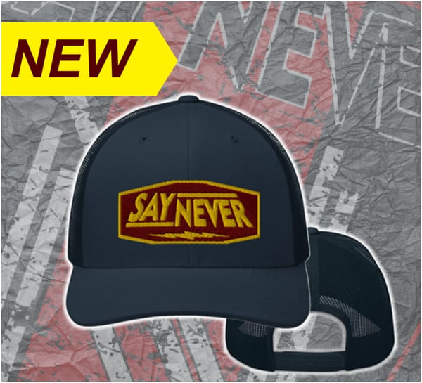 Image of "SAY NEVER SERVICE STATION TRUCKER SNAPBACK CAP" - NAVY with MAROON/GOLD LOGO