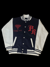 Image 1 of Navy Blue + Red Varsity Jacket 