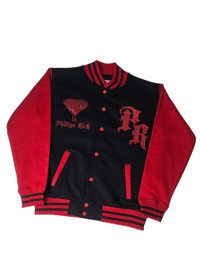 Image 1 of Black + Red Varsity Jacket 