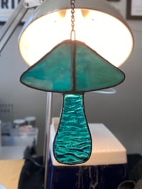 Image 4 of Stained Glass Mushroom – Blue / Iridescent / Wavy (Small)