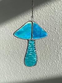 Image 3 of Stained Glass Mushroom – Blue / Iridescent / Wavy (Small)