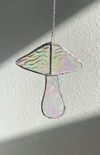 Image 3 of Stained Glass Mushroom – Clear / Iridescent / Wavy (Small)