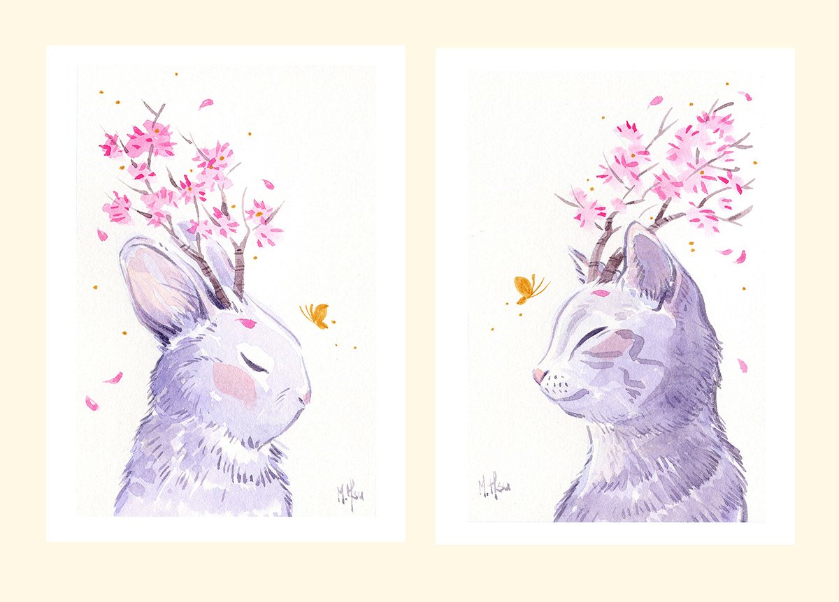 'Sakura Bunny & Cat' 2-Print Set | Martin Hsu Art