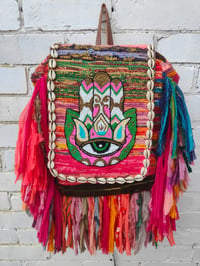 Image 2 of 6-Frill sari Bohemian Back Pack with leather straps
