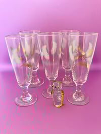 Image 1 of Set of Vintage White and Gold Feather Flute Glasses