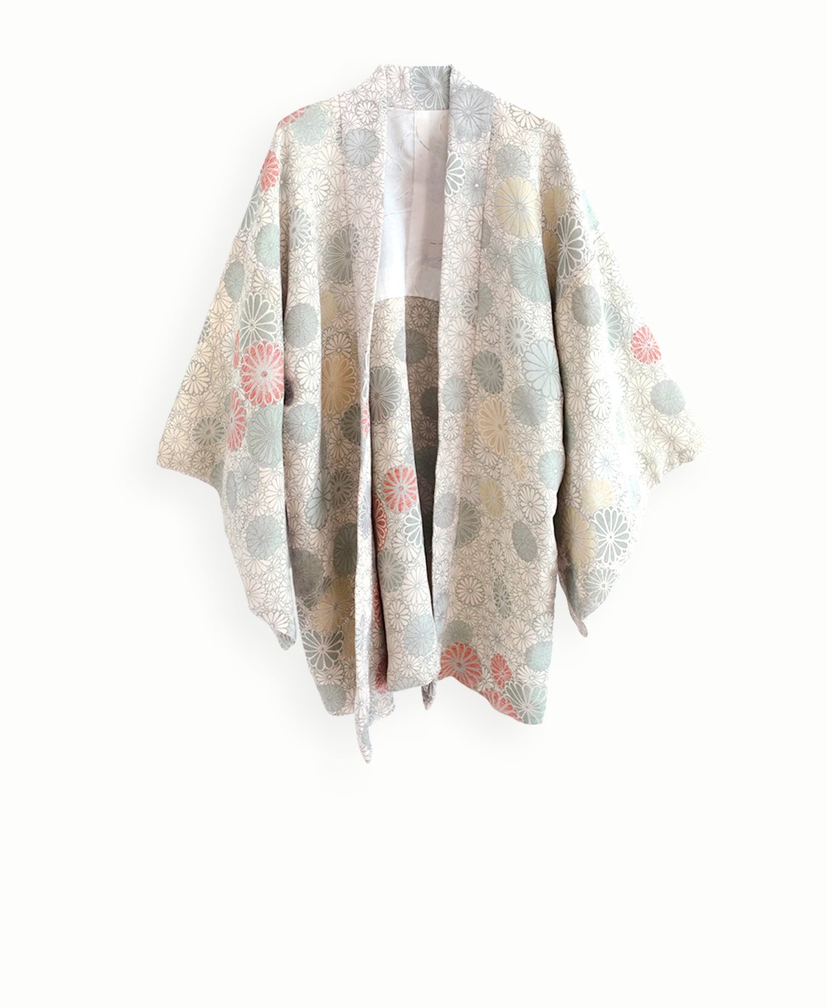 Image of Kort silke kimono dame m. grønne metalliske blomster