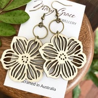 Image 1 of Natural Wooden Flower Dangle Earrings with Bronze Rings