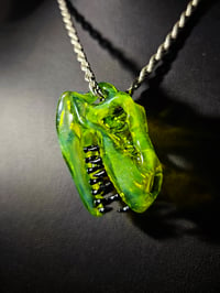 Image 5 of Yellow opal layered with blue stardust T-Rex pendant. 