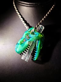 Image 1 of Titan V4 T-Rex skull pendant with galaxy teeth & a green dichro joint tip. 