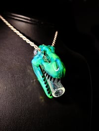 Image 3 of Titan V4 T-Rex skull pendant with galaxy teeth & a green dichro joint tip. 