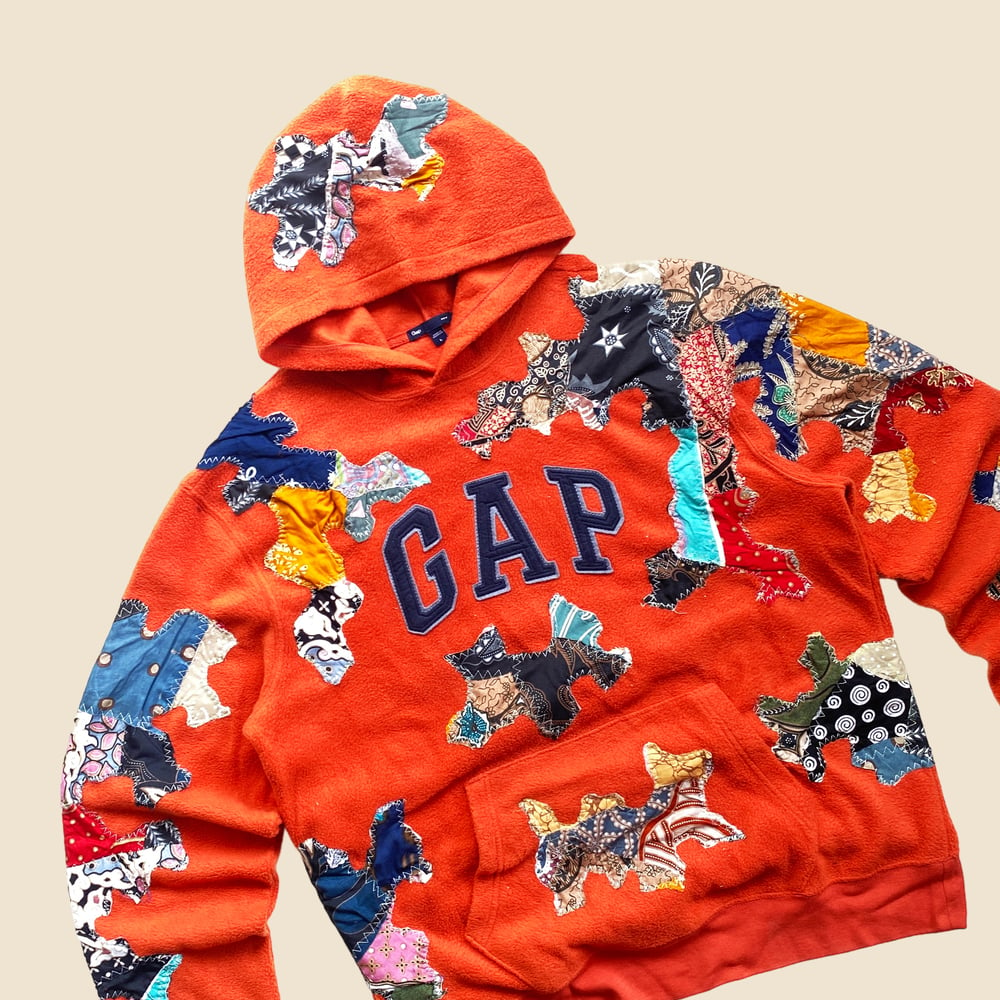 REWORKED GAP BATIK PATCHWORK ORANGE HOODIE SIZE L