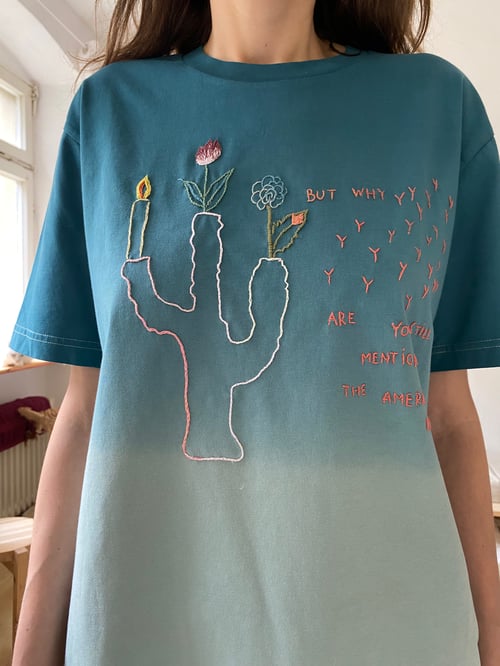 Image of Broken dream - one of a kind, dip dyed hand embroidered tshirt, dreamy blue