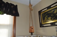 Image 1 of Cherry Wood Pulley Plant Hanger, Vintage Hay Rope Country Decoration, #818
