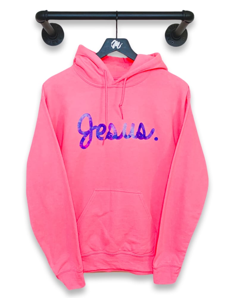 Image of Jesus. Hoodie-Brite Pink/Watercolor
