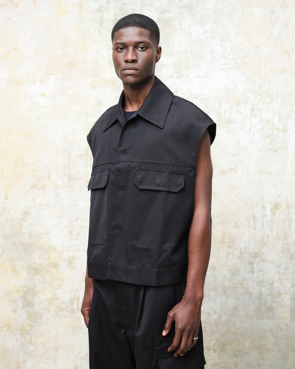 Image of Black Cotton Gabardine Workwear Vest