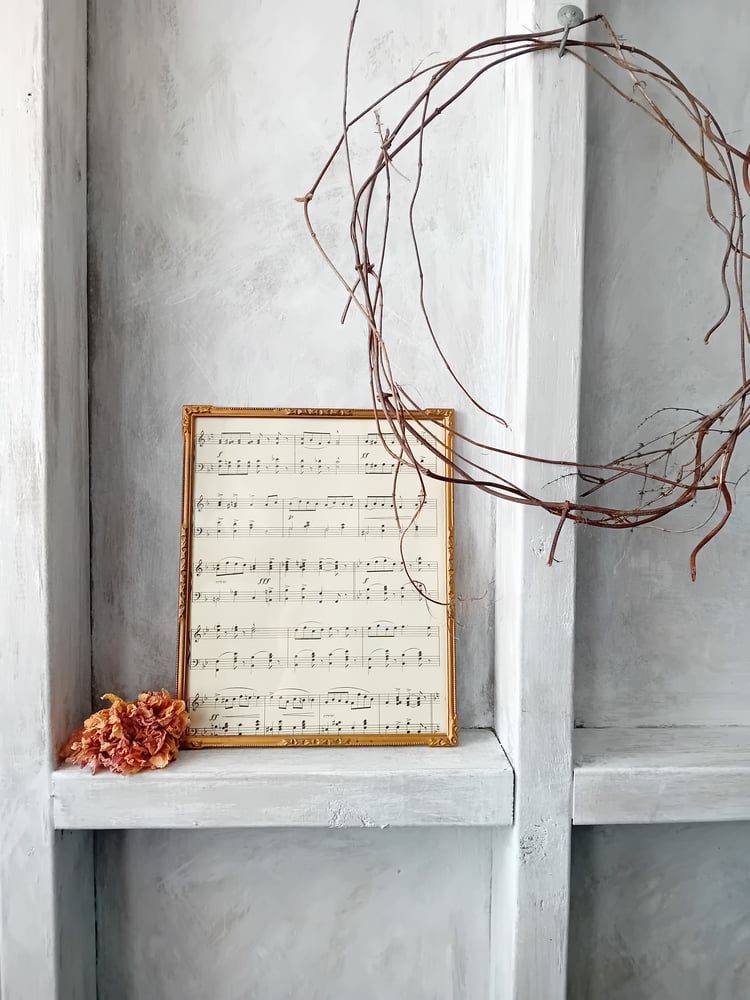Image of Pretty Vintage Gold Pressed Tin Frame 1940's Glazed With Antique Music Sheet