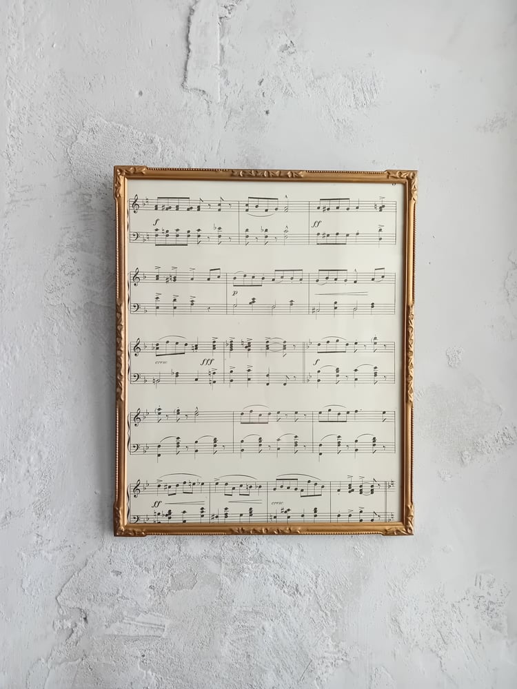 Image of Pretty Vintage Gold Pressed Tin Frame 1940's Glazed With Antique Music Sheet