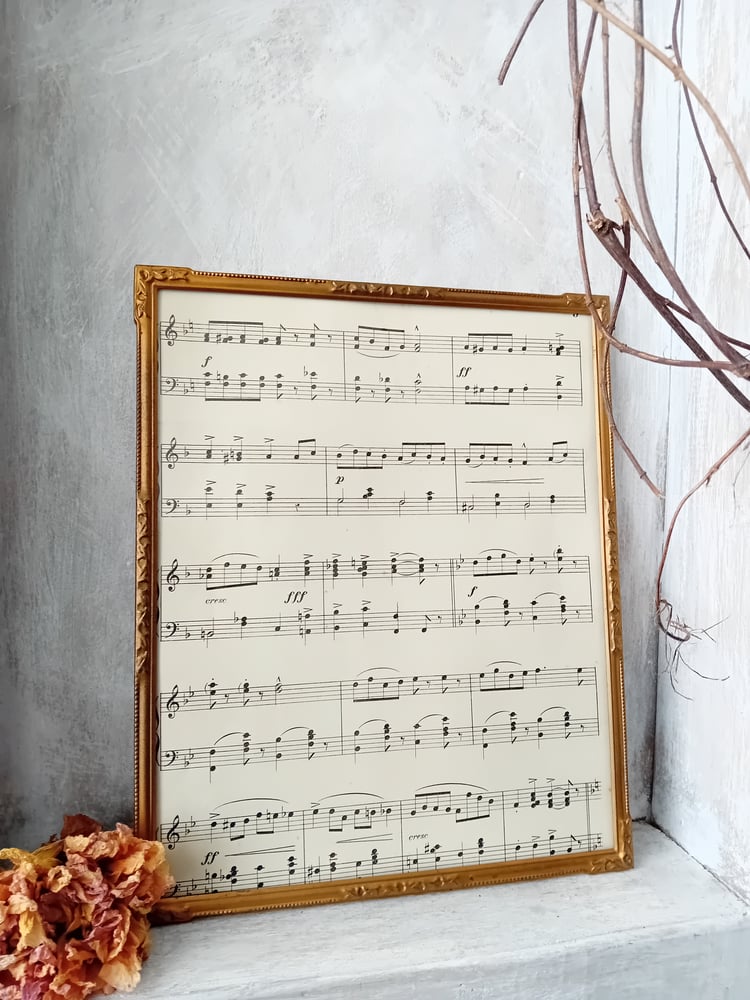 Image of Pretty Vintage Gold Pressed Tin Frame 1940's Glazed With Antique Music Sheet