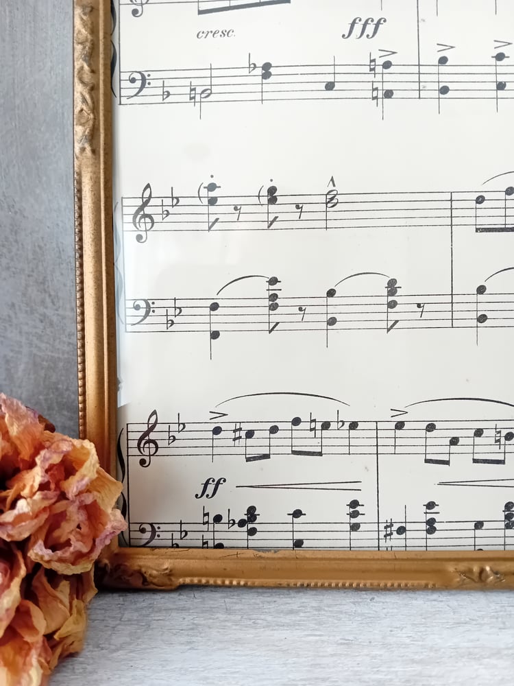 Image of Pretty Vintage Gold Pressed Tin Frame 1940's Glazed With Antique Music Sheet