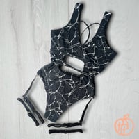 Image 1 of Black Marble Peachy Bodysuit with Peachy glitter side garters (optional)