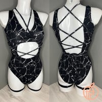 Image 4 of Black Marble Peachy Bodysuit with Peachy glitter side garters (optional)